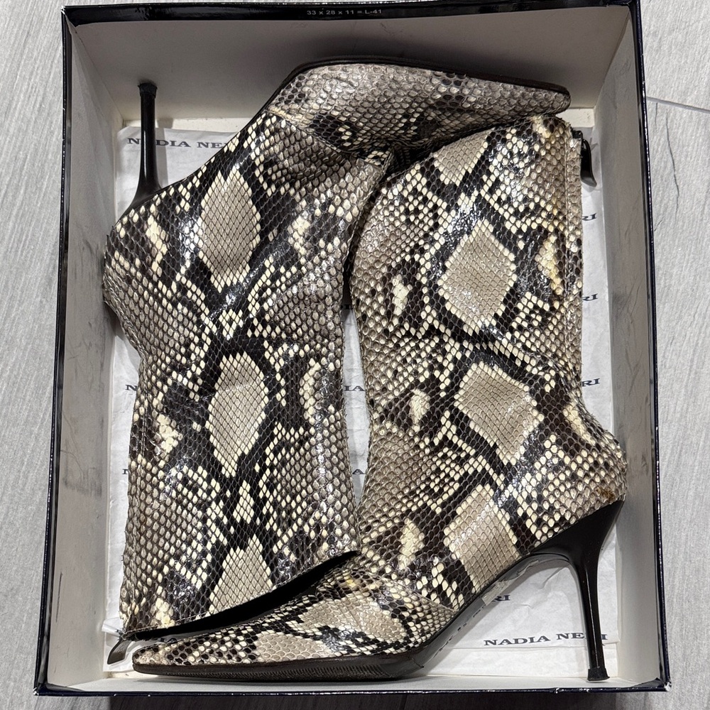 BCBG Snake Print Heeled Boots - Black and Cream